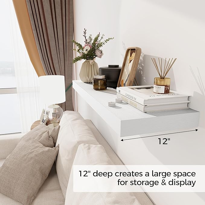 White Floating Shelves 36 Inch Long, 12 Inch Deep Floating Shelves for Wall, 36 x 12 Shelves for Wall Storage & Display, 2