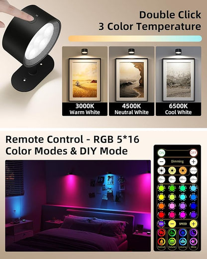 Picture Lights for Wall, 2000mAh Rechargeable Magnetic Art Lights with 3 Color Temps & RGB, Remote Dimmable Battery Operated Wall Light for Bedroom, Living Room, Gallery (Black, 6 Pack)