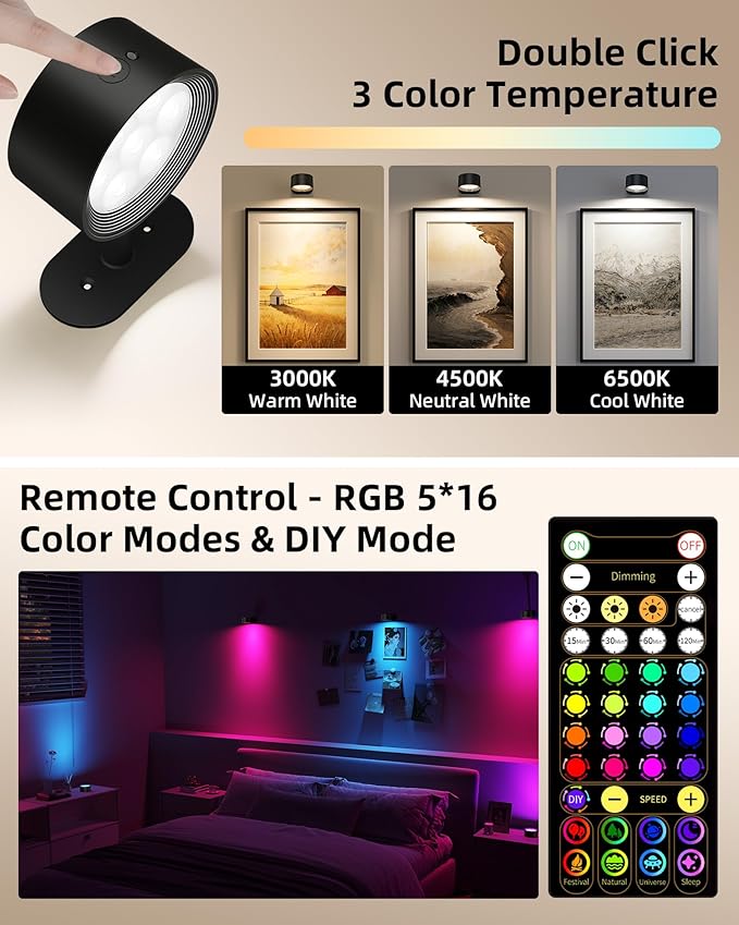 Picture Lights for Wall, 2000mAh Rechargeable Magnetic Art Lights with 3 Color Temps & RGB, Remote Dimmable Battery Operated Wall Light for Bedroom, Living Room, Gallery (Black, 3 Pack)