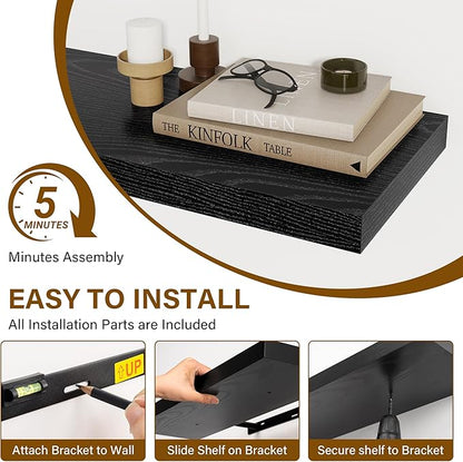 Black Floating Shelves 22.5 Inch Long, 8 Inch Deep Floating Shelf Wall Mounted, Rustic Wood Bathroom Shelves for Storage, 22.5x8 Deep Shelf Set of 2 with Invisible Brackets for Books|Storage|Decor