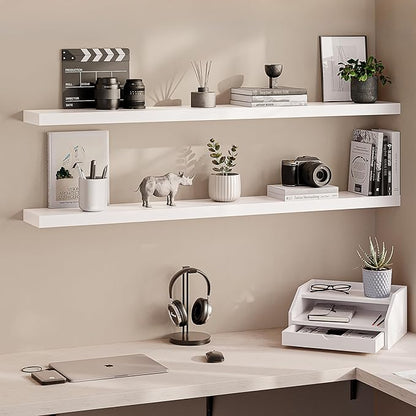 Ballucci Floating Shelves, 55" Wood Wall Shelf Set of 2, with Invisible Brackets for Bathroom, Living Room, Bedroom, Kitchen, Nursery, 6" Deep, White