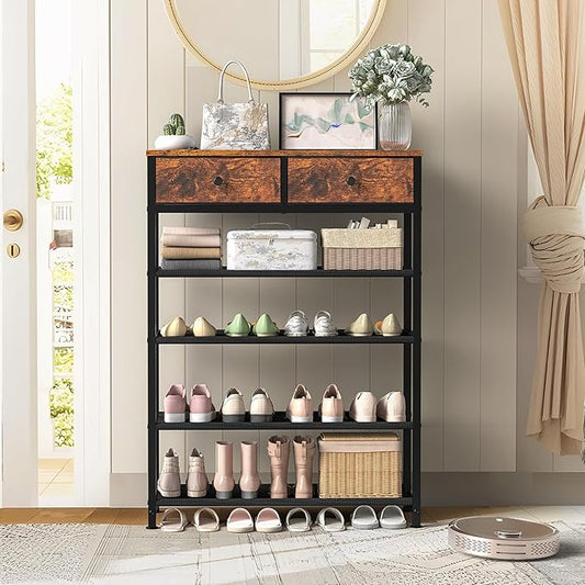 usikey Shoe Rack, 5 Tier Shoe Storage Organizer with 2 Drawers, Metal Shoe Shelf for 12-16 Pairs of Shoes, with 4 Oxford Fabric Shelves and Wooden Top, Shoe Stand for Closet Entryway, Rustic Brown