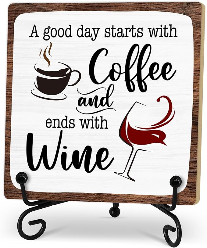 Coffee And Wine Desk Decor Sign, Rustic Wooden Sign With Stand, A Good Day Starts With Coffee And Ends With Wine Sign For Farmhouse Home Kitchen Bar Shelf Table, Gifts For Family Friend Coworker-01