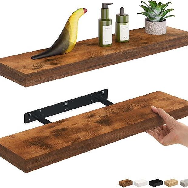 Ballucci Floating Shelves, 24" Wood Wall Shelf Set of 2, with Invisible Brackets for Bathroom, Living Room, Bedroom, Kitchen, Nursery, 6" Deep, Rustic Brown