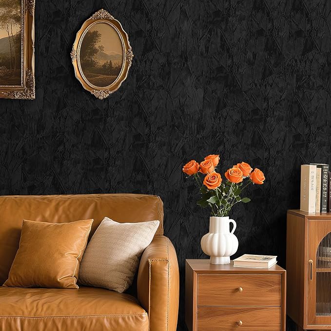 30"x317" Self Adhesive Felt Fabric Wallpaper for Walls Black Velvet Wallpaper Peel and Stick Flocking Contact Paper Black Wrinkled Textured Soft Flock Velvet Backing Paper for Dresser Craft