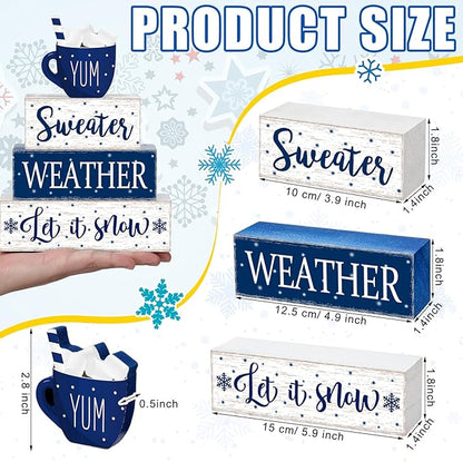 Marsui 4 Pcs Winter Wooden Tabletop Let It Snow Tiered Tray Decor Snowflakes Decorative Wood Block Sign Gift Farmhouse Christmas Table Centerpiece for Home Indoor Holiday