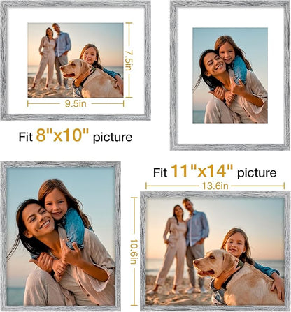 Vittanly 11x14 Picture Frame Set of 4, Display Pictures 8x10 with Mat or 11x14 without Mat, Engineered Wood with Shatter Resistant Plexiglass, Wall Gallery Photo Frames for Wall or Tabletop, Grey