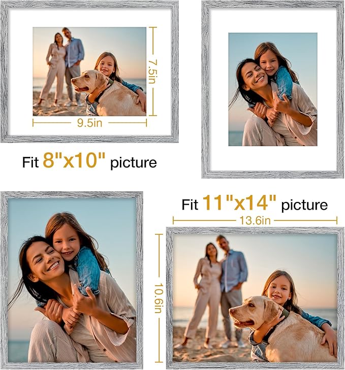 Vittanly 11x14 Picture Frame Set of 4, Display Pictures 8x10 with Mat or 11x14 without Mat, Engineered Wood with Shatter Resistant Plexiglass, Wall Gallery Photo Frames for Wall or Tabletop, Grey