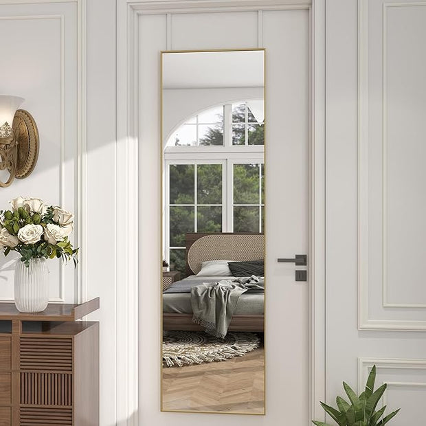 Full Length Door Mirror 14x48, Metal Frame with Protective Film, No-Drilling Hanging or Wall Mount (Horizontal/Vertical), Hooks & Hardware Included, Full Body Mirror for Bedroom, Dorm, Gold