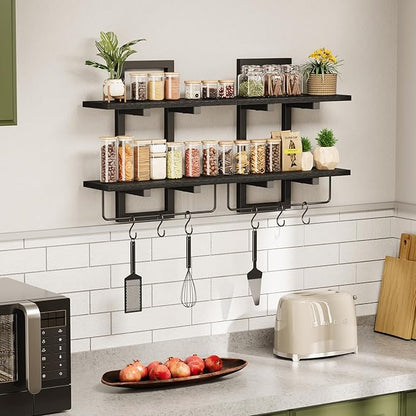 Floating Shelves, 15" Wall Shelf Set of 2, Hanging Bathroom Shelves 2-Tier, Wall Mounted Storage Shelves, for Living Room Bedroom Bathroom Kitchen Office Coffee Bar, Black