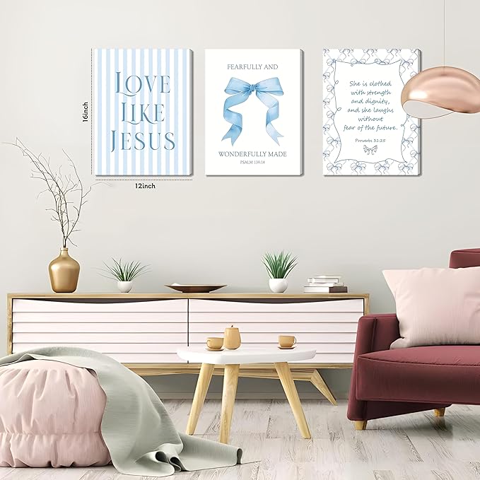Blue Bow Jesus Wall Art Decor, Light Blue Coquette Dorm Room Wall Decor Paintings, Inspirational Bible Verses Canvas Posters Prints Pictures for Girls Dorm Room, Bedroom, Bathroom 12x16 Inch Framed