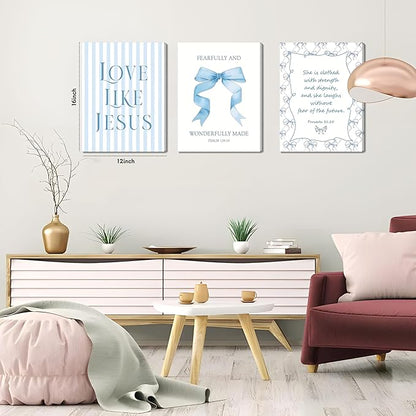 Blue Bow Jesus Wall Art Decor, Light Blue Coquette Dorm Room Wall Decor Paintings, Inspirational Bible Verses Canvas Posters Prints Pictures for Girls Dorm Room, Bedroom, Bathroom 12x16 Inch Framed