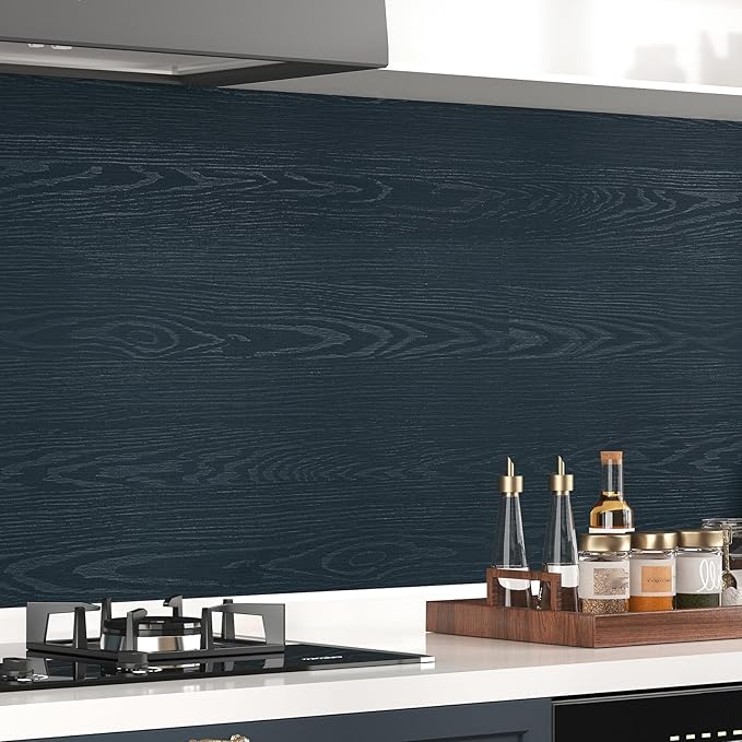 Wallercity Navy Blue Wood Grain Countertop Contact Paper Waterproof 15.8"x236" Kitchen Wallpaper Wood Contact Paper Peel and Stick Counter Top Wrap Faux Wooden Wallpaper for Bedroom Cabinet Vinyl