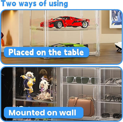 Montex Acrylic Display Case for Collectibles 3 Tier, Figure Display Case with 2 Movable Plates, Dustproof Showcase for Collectibles, Clear Display Case for Figures(4 Pack)