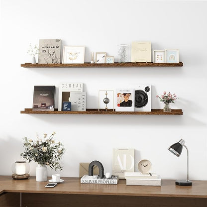 Picture Ledge Shelf, Wood Long Floating Shelves for Wall, Set of 2, 56 inch Picture Ledge Shelves, Photo Ledge Nursery Book Shelves Wall Mounted for Living Room Kids' Room Bedroom, Color Brown