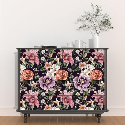 Purple Vintage Floral Wallpaper Peel and Stick Red Rose Peony Flowers Contact Paper 17.5" x 118" Wall Paper Self Adhesive Waterproof Removable for Room Shelves Cabinet Drawer Table Decor