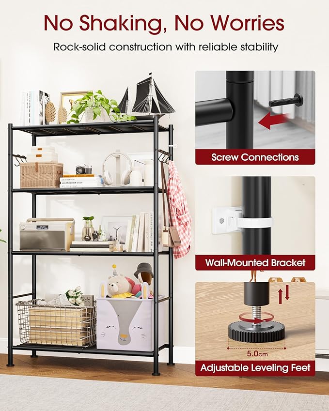 Storage Shelves - 4-Tier Spacious Shelf Organizer with Hooks & Leveling Feet, Easy to Assemble, Rust-Resistant Garage Shelving for Kitchen, Pantry, Bedroom, 33.2" x 12.7" x 57.3", Black