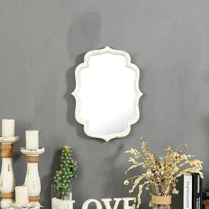 Vintage Small Scalloped Wall Mirror Decorative 16" x 12", Hanging Rustic Distressed White Bathroom Mirrors for Vanity, Farmhouse Wood Quatrefoil Wall Mounted Mirror for Living Room