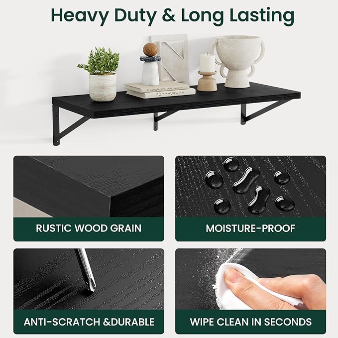 Floating Shelves, 12 Inch Deep Rustic Wood Wall Storage, 16W x 12D Wall Shelves Set of 2, Heavy Duty Metal Brackets, Large Industrial Book Shelf for Living Room, Kitchen, Bedroom, Black