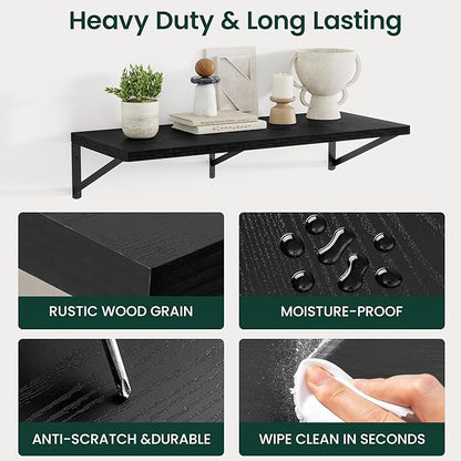 Floating Shelves, 12 Inch Deep Rustic Wood Wall Storage, 24W x 12D Wall Shelves Set of 2, Heavy Duty Metal Brackets, Large Industrial Book Shelf for Living Room, Kitchen, Bedroom, Black