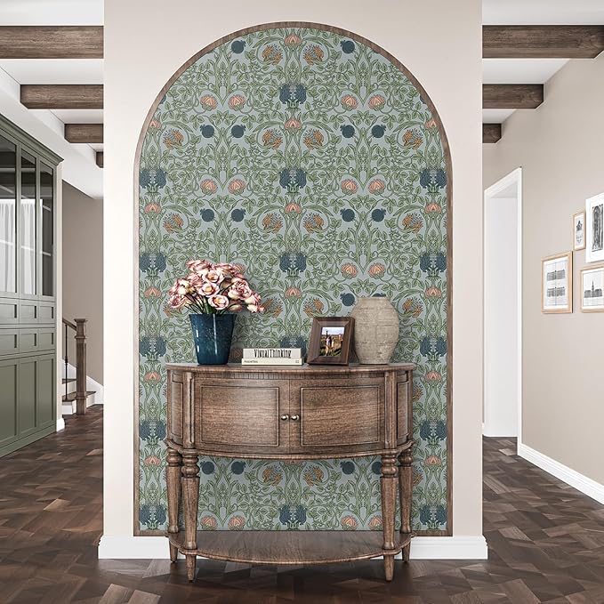 VEELIKE Retro Blue Floral Wallpaper Peel and Stick Vintage Floral Art Deco Wallpaper for Bedroom Bathroom 17.7''x118'' Removable William Morris Wall Paper Prepasted Adhesive Contact Paper for Walls