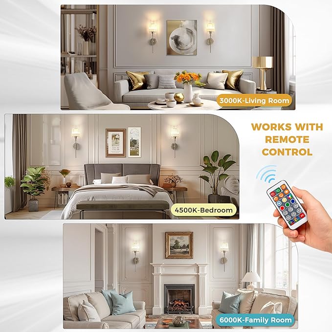 DORESshop Battery Operated Wall Sconce Set of 2, Wireless Wall Light, 15 Color Rechargeable Wall Sconces, Sconce Wall Decor Set of 2 for Bedroom, Living Room, Nickel and Crystal, 24.6in