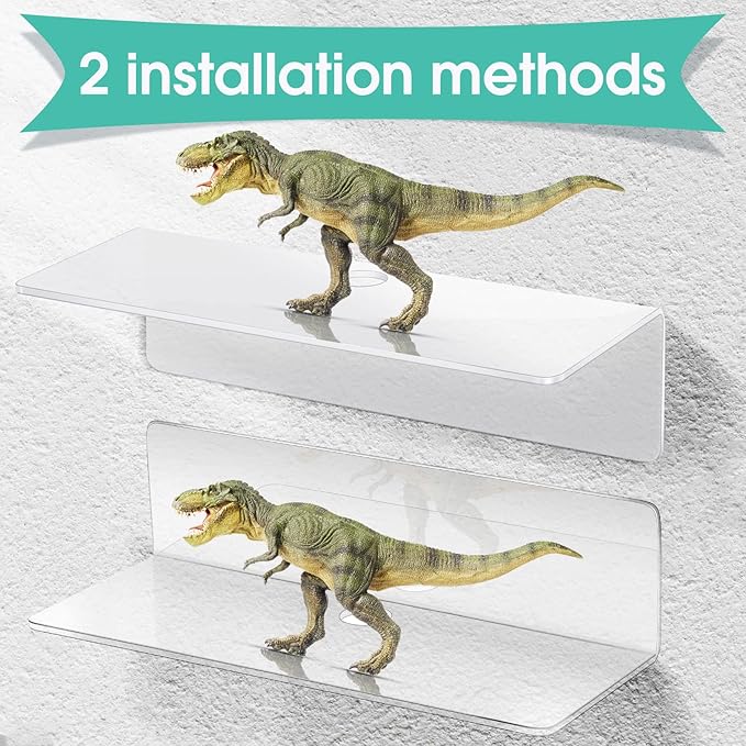 Maitys 8 Pcs Acrylic Floating Shelves 9 Inches Adhesive Wall Mounted Shelves No Drill Hanging Acrylic Wall Display for Living Room Bathroom Bedroom Kitchen Office(Clear)