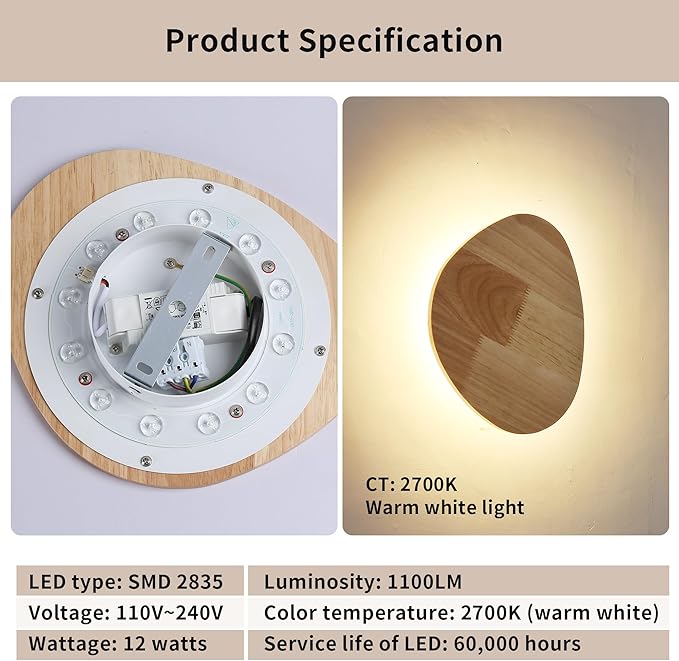 Modern Minimalist Plug in Wall Sconces, 9.4'' Plug-in Or Cordless Wood Backlight LED Wall Lamp, 12W, 1100LM Warm White Brightness Wall Light Fixtures for Bedroom, Living Room Wall Décor