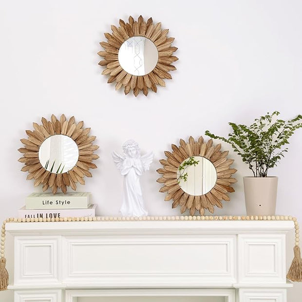 LOSOUR Boho Wall Decor Sunburst Mirror 3 Pack Rustic Round Wood Mirror 12 inch Boho Mirror Home Decor Farmhouse Room Decorations for Bedroom Living Room Entryway
