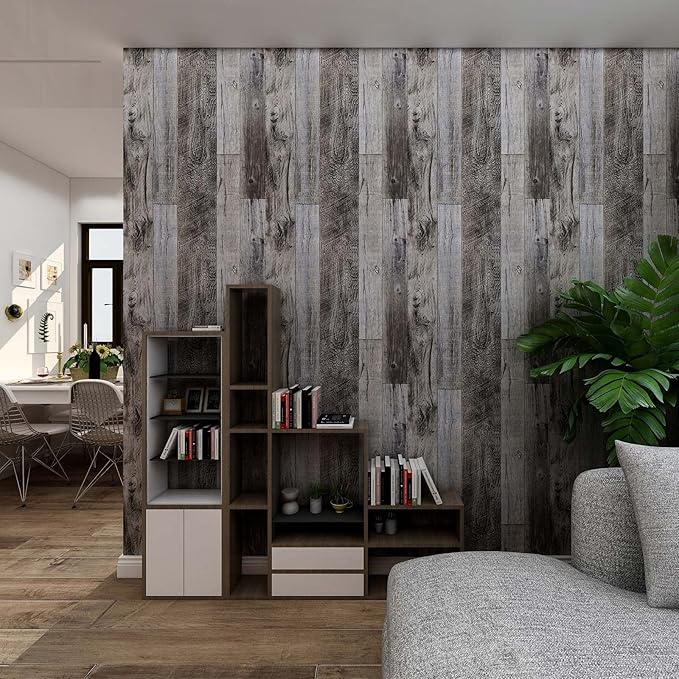 Yun-aeon Gray Wood Peel and Stick Wallpaper 17.3" X 200"Self Adhesive Wallpaper Backsplash Line Removable Wall Paper Bathroom Old Furniture Renovation Furniture