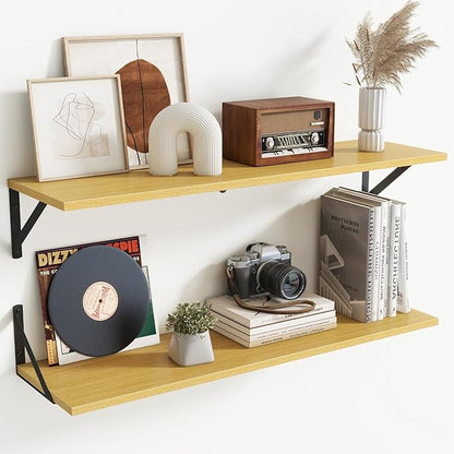 Deep Floating Shelves for Wall,36Wx8D Wall Mounted Shelves Set of 2,Wall Storage Floating Shelf with Sturdy Metal Brackets for Living Room,Bathroom,Kitchen,Office,Oak