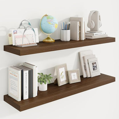 40in Floating Shelves for Wall, 40"W x 9.25"D x 1.25"H, 2 Pack Long Wall Mounted Engineered Wood Shelves with Invisible Brackets for Living Room, Bedroom, Bathroom, Kitchen Decor and Storage, Walnut