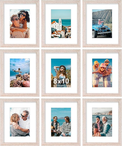 Vittanly 8x10 Picture Frames Set of 9, Shatter Resistant Plexiglass, Display 5x7 Pictures with Mat or 8x10 without Mat, Photo Frames for Wall or Tabletop, Engineered Wood, Rustic Pink