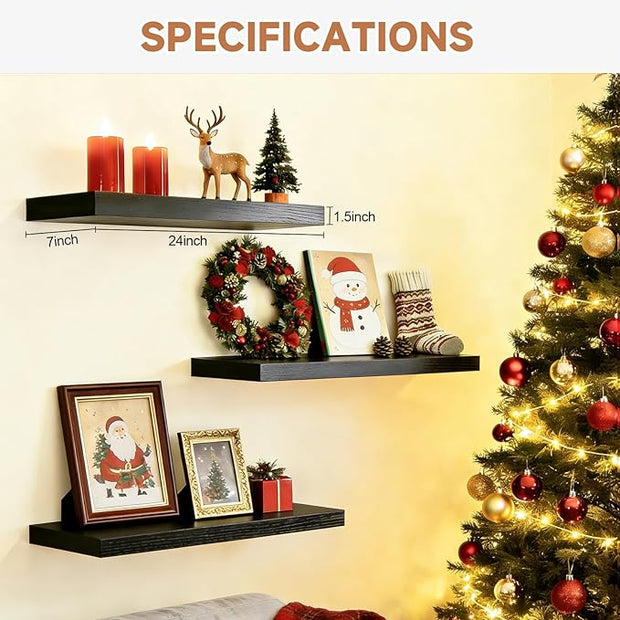 Assembly Easy Floating Shelves Set of 3,24 Inch Wall Mounted Wooden Shelf, Rustic Hanging Shelves for Home Decor, Books and Storage, Organizer for Bedroom,Small Bathroom,Kitchen,Black