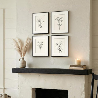 Framed Black and White Botanical Wall Art for Bathroom, 4 Piece Minimalist Floral Plant Artwork for Walls, Vintage Farmhouse Flower Picture Prints for Bedroom Kitchen Living Room Wall Decor, 8x10 Inch