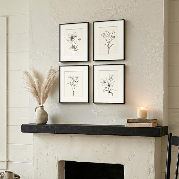 Framed Black and White Botanical Wall Art for Bathroom, 4 Piece Minimalist Floral Plant Artwork for Walls, Vintage Farmhouse Flower Picture Prints for Bedroom Kitchen Living Room Wall Decor, 8x10 Inch