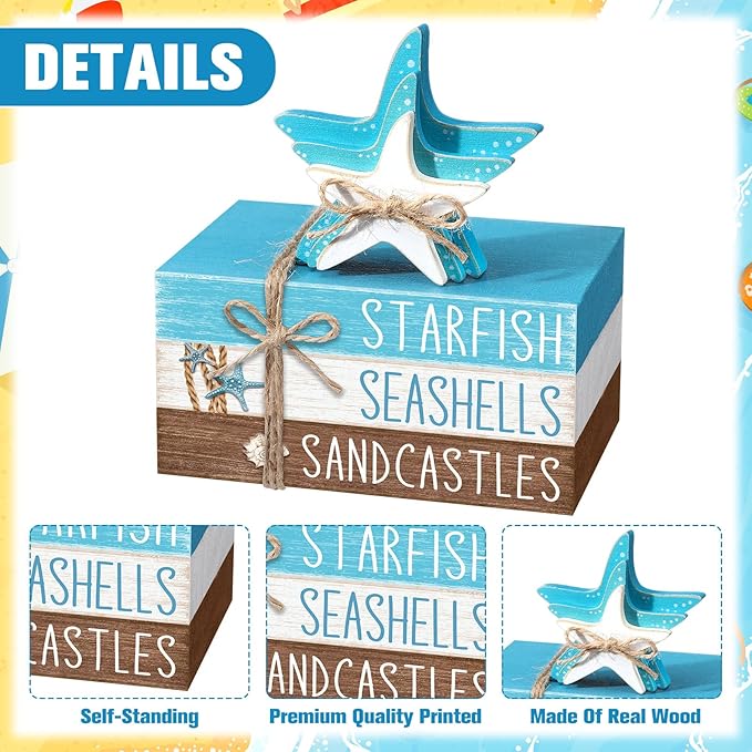 Geelin 4 Pcs Summer Beach Tiered Tray Decor Wooden Book Stack Signs, Starfish Seashell Coastal Nautical Table Centerpiece for Shelf Coffee Bar Home Kitchen Beach House Decorations