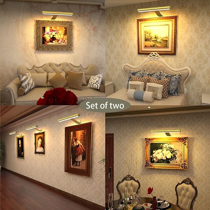 2Pack Wireless Picture Lights Painting Lights with Remote,Gold Rechargeable Battery Picture Lights for Artwork Display Led Accent light Gallery Light Dartboard Light Full Metal Brightness Dimmable
