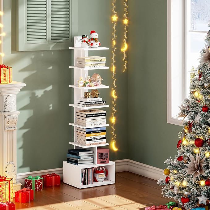 TUTOTAK Narrow Bookshelf, Vertical 8-Tier Bookcase, Spine Book Shelf for Small Space, Small Standing Shelf for Living Room, Office, Study, Entryway, White BS07BW008