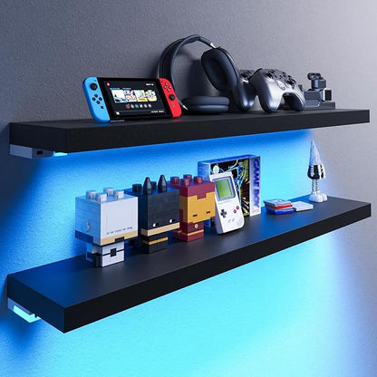 BAMEOS RGB LED Floating Shelves for Wall, 35" Wall Mounted Wooden Shelves with Invisible Brackets, Set of 2, Hanging Wall Shelves for Bedroom, Living Room, Kitchen, Study(Black)