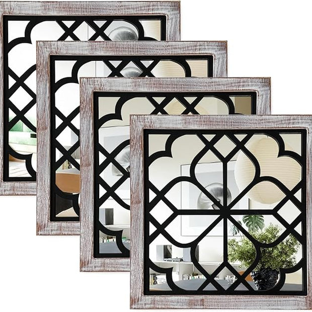ZEXUIRU Set of 4 Wooden Rustic Square Wall Mirror Vintage Style Decorative Entry Mirror Farmhouse Wall Decoration for Living Room Bedroom Bathroom Kitchen 11.8 * 11.8inch Brown…