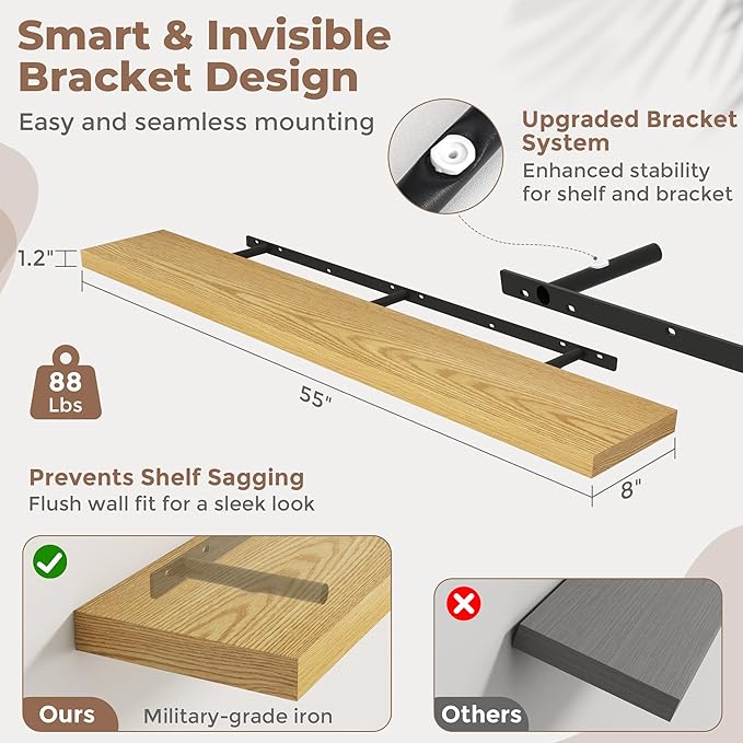 55 Inch Floating Shelves for Wall Set of 2, 8