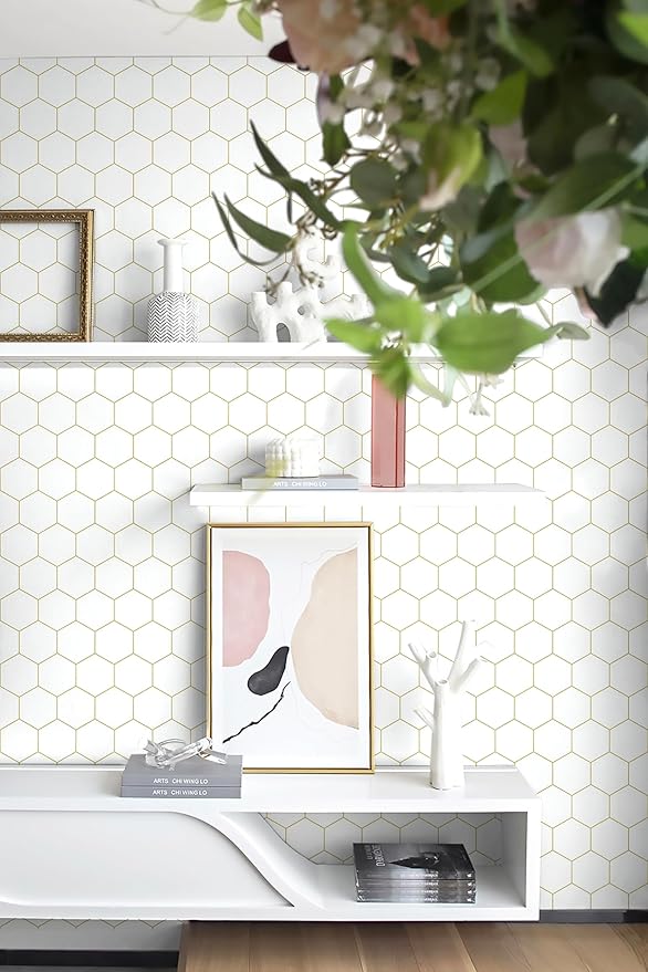 Hexagonal Wallpaper Geometric Peel and Stick Wallpaper 17.3”×472”Gold and White Contact Paper Decorative Shelf Drawer Liner Roll Waterproof