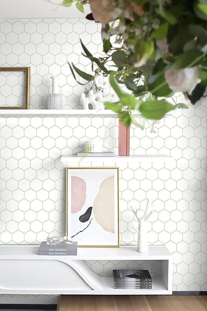 Hexagonal Wallpaper Geometric Peel and Stick Wallpaper 17.3”×197”Gold and White Contact Paper Decorative Shelf Drawer Liner Roll Waterproof