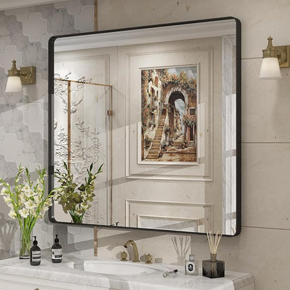 40x36 Inch Black Metal Framed Bathrrom Mirror for Wall, Black Rounded Rectangle Mirror, Matte Black Bathroom Vanity Mirror, Anti-Rust, Tempered Glass, Hangs Horizontally or Vertically