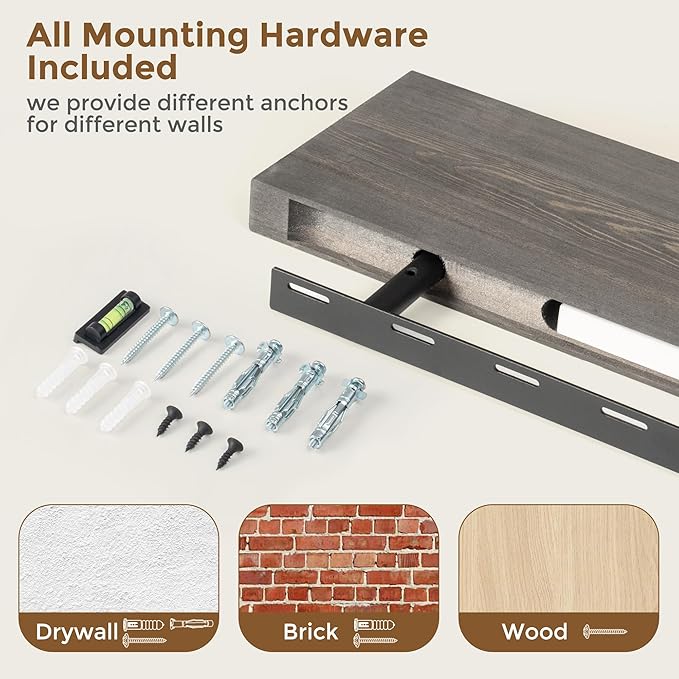 Marsmiles Floating Shelves for Wall - 36 Inch Grey Wood Floating Shelves Set of 2-36 Inch Wide x 7.7 Inch Deep x 1.6 Inch Thick Rustic Wooden Shelves for Room Wall