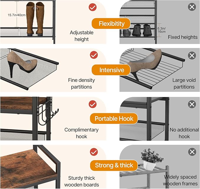 4 Tier Shoe Rack, Shoe Rack for Front Door Entrance with Hook, Shoe Organizer with Adjustable Mesh Shelves, Metal Shoe Rack for Entryway, Closet, Bedroom Living Room Garage