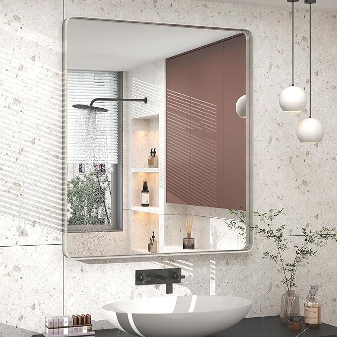 30x36 Brushed Silver Bathroom Mirror, Rounded Rectangle Silver Metal Frame Vanity Mirror for Wall, Brushed Nickel, Anti-Rust, Shatterproof (Horizontal/Vertical)