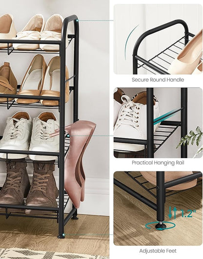 SONGMICS Stackable Shoe Rack, 4 Tier Metal Shoes Rack Storage Shelf, Holds up to 16 Pairs Shoes, Adjustable Slanted Shelves Shoe Tower Organizer for Closet Entryway Small Spaces, Black