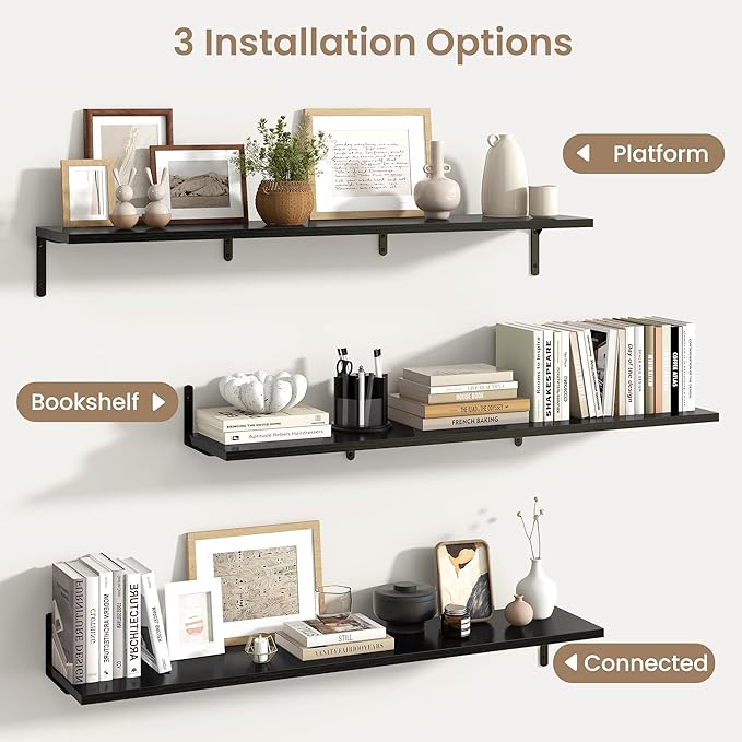 Fun Memories Deep Floating Shelves, 48W x 8D Floating Shelves Set of 2, Wall Mounted Shelf with Metal Brackets, Rustic Wood Wall Shelf for Bathroom, Kitchen and Living Room, Black